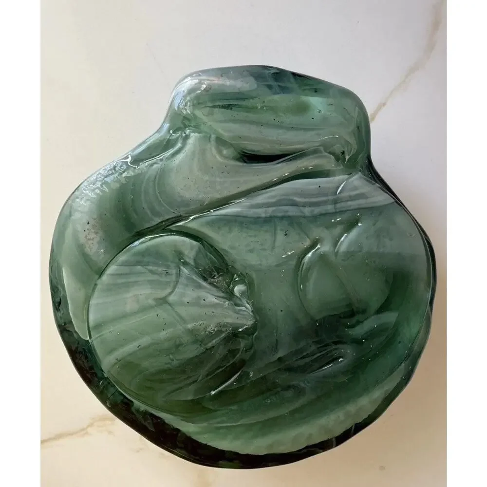 Vintage Green Swirl Sea Shell Shaped Hand Made Signed Art Glass Paperweight 5x5